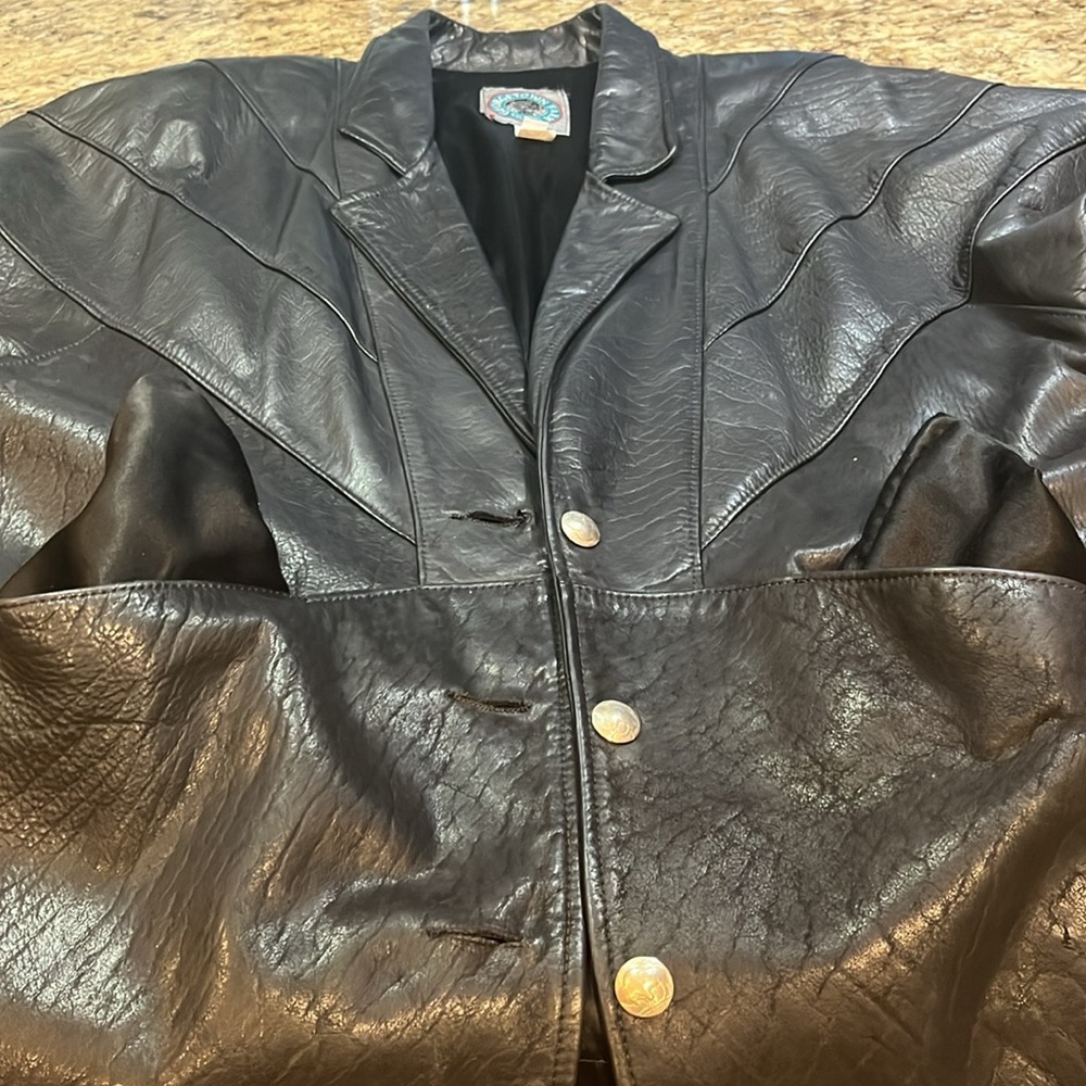UNIQUE BISON LEATHER women’s Black Leather Blazer Jacket! custom made, sz. Large